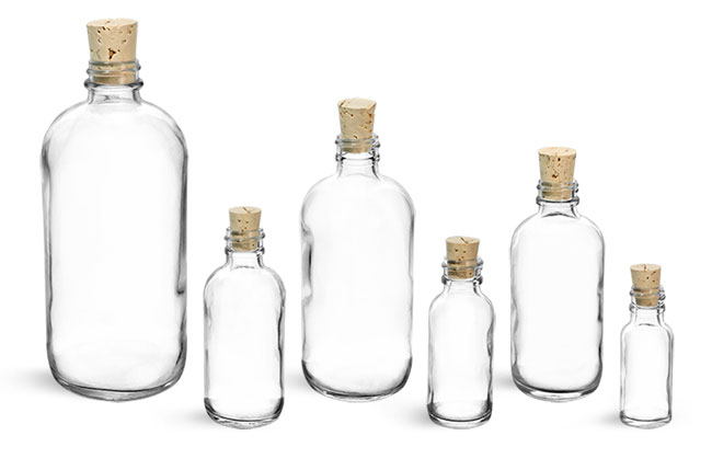 Glass Bottles, Clear Glass Boston Rounds w/ Cork Stoppers